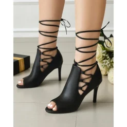Women's Black Peep Toe High Heel Booties - Lace-Up Ankle Short Boots for Nightlife and Party Outfits