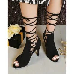 Women's Black Peep Toe High Heel Booties - Lace-Up Ankle Short Boots for Nightlife and Party Outfits
