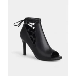 Women's Black Peep Toe High Heel Booties - Lace-Up Ankle Short Boots for Nightlife and Party Outfits