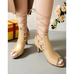 Women's Black Peep Toe High Heel Booties - Lace-Up Ankle Short Boots for Nightlife and Party Outfits