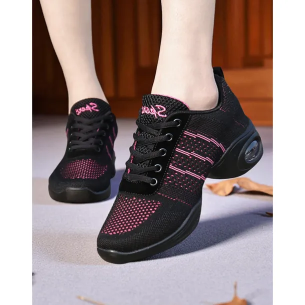 Women's Black Pink Mesh Jazz Dance Sneakers - Lightweight Breathable Professional Hip-Hop Fitness Dance Shoes with Shock-Absorbing Sole for Training and Performance