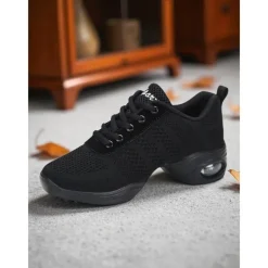 Women's Black Pink Mesh Jazz Dance Sneakers - Lightweight Breathable Professional Hip-Hop Fitness Dance Shoes with Shock-Absorbing Sole for Training and Performance
