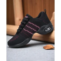 Women's Black Pink Mesh Jazz Dance Sneakers - Lightweight Breathable Professional Hip-Hop Fitness Dance Shoes with Shock-Absorbing Sole for Training and Performance