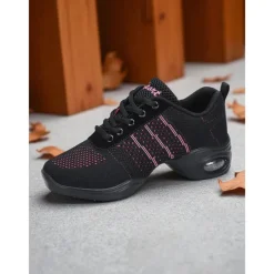 Women's Black Pink Mesh Jazz Dance Sneakers - Lightweight Breathable Professional Hip-Hop Fitness Dance Shoes with Shock-Absorbing Sole for Training and Performance