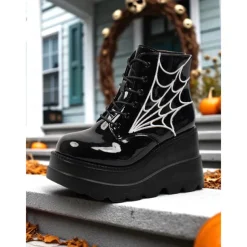Women's Black Platform Boots with Spider Web Design - Chunky Lace-Up Ankle Boots for Halloween, Cosplay, and Masquerade Balls, Punk and Gothic Style, Comfortable for All-Day Wear