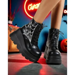 Women's Black Platform Boots with Spider Web Design - Chunky Lace-Up Ankle Boots for Halloween, Cosplay, and Masquerade Balls, Punk and Gothic Style, Comfortable for All-Day Wear