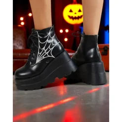 Women's Black Platform Boots with Spider Web Design - Chunky Lace-Up Ankle Boots for Halloween, Cosplay, and Masquerade Balls, Punk and Gothic Style, Comfortable for All-Day Wear