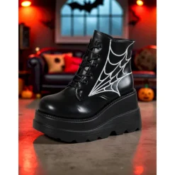 Women's Black Platform Boots with Spider Web Design - Chunky Lace-Up Ankle Boots for Halloween, Cosplay, and Masquerade Balls, Punk and Gothic Style, Comfortable for All-Day Wear