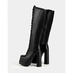 Women's Black Platform Knee-High Lace-Up Boots – Gothic Punk Style with Chunky Heel, Ideal for Halloween and Cosplay