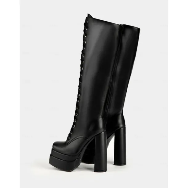 Women's Black Platform Knee-High Lace-Up Boots – Gothic Punk Style with Chunky Heel, Ideal for Halloween and Cosplay