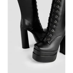 Women's Black Platform Knee-High Lace-Up Boots – Gothic Punk Style with Chunky Heel, Ideal for Halloween and Cosplay