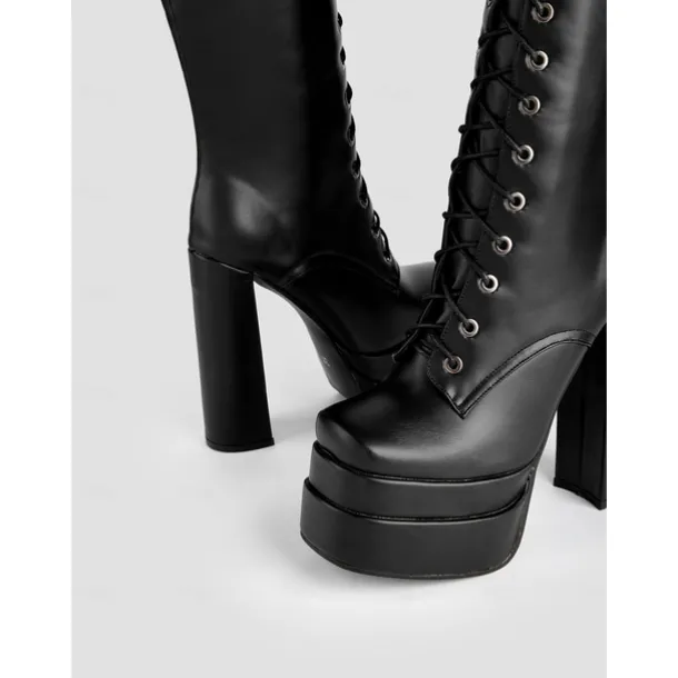 Women's Black Platform Knee-High Lace-Up Boots – Gothic Punk Style with Chunky Heel, Ideal for Halloween and Cosplay