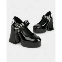 Women's Black Platform Mary Jane Heels with Skull Print and Star Buckle – Gothic Halloween Costume Shoes for Punk Fashion, Cosplay and Themed Events