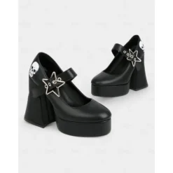 Women's Black Platform Mary Jane Heels with Skull Print and Star Buckle – Gothic Halloween Costume Shoes for Punk Fashion, Cosplay and Themed Events