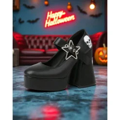 Women's Black Platform Mary Jane Heels with Skull Print and Star Buckle – Gothic Halloween Costume Shoes for Punk Fashion, Cosplay and Themed Events