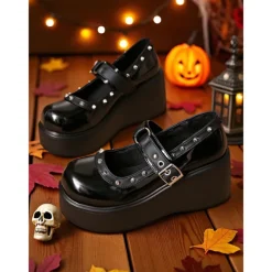 Women's Black Platform Mary Jane Shoes with Studded Straps – Gothic Punk Chunky Heels for Halloween, Cosplay and Alternative Fashion Outfits