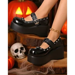 Women's Black Platform Mary Jane Shoes with Studded Straps – Gothic Punk Chunky Heels for Halloween, Cosplay and Alternative Fashion Outfits