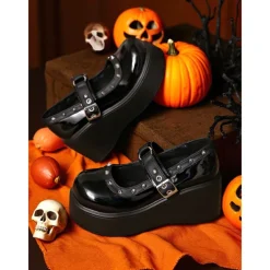 Women's Black Platform Mary Jane Shoes with Studded Straps – Gothic Punk Chunky Heels for Halloween, Cosplay and Alternative Fashion Outfits