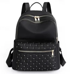 Women's Black Quilted Nylon Backpack with Gold Zippers and Studded Front Pocket – Stylish Lightweight Bag for School, Work, or Daily Use