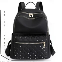 Women's Black Quilted Nylon Backpack with Gold Zippers and Studded Front Pocket – Stylish Lightweight Bag for School, Work, or Daily Use