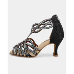 Women's Black Rhinestone Dance Sandals with Strappy Design and Mid-Heel – Perfect for Ballroom, Salsa, and Latin Dancing