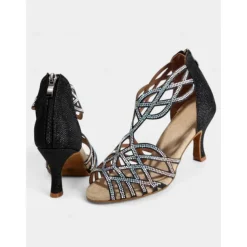 Women's Black Rhinestone Dance Sandals with Strappy Design and Mid-Heel – Perfect for Ballroom, Salsa, and Latin Dancing