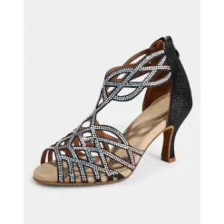 Women's Black Rhinestone Dance Sandals with Strappy Design and Mid-Heel – Perfect for Ballroom, Salsa, and Latin Dancing