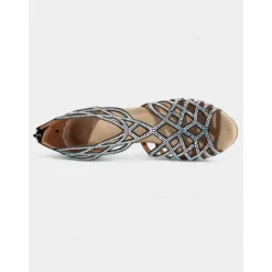 Women's Black Rhinestone Dance Sandals with Strappy Design and Mid-Heel – Perfect for Ballroom, Salsa, and Latin Dancing