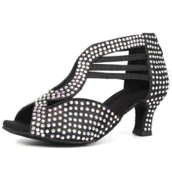 Women's Black Rhinestone Dance Shoes with Open Toe and Strappy Design - Sparkling Dance Heels for Latin, Salsa, and Ballroom Dancing