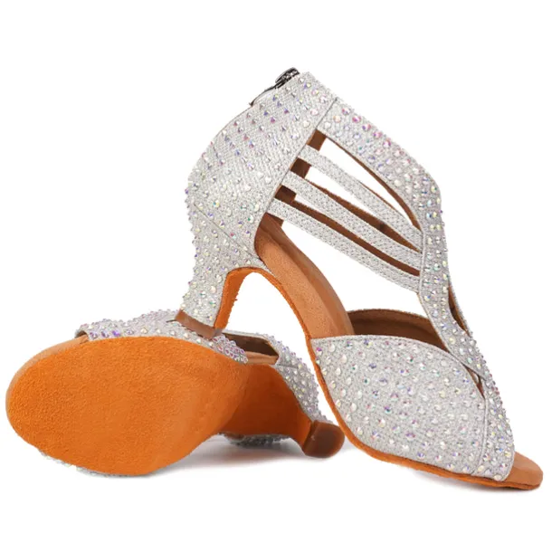 Women's Black Rhinestone Dance Shoes with Open Toe and Strappy Design - Sparkling Dance Heels for Latin, Salsa, and Ballroom Dancing