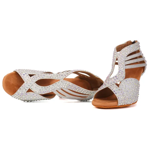 Women's Black Rhinestone Dance Shoes with Open Toe and Strappy Design - Sparkling Dance Heels for Latin, Salsa, and Ballroom Dancing