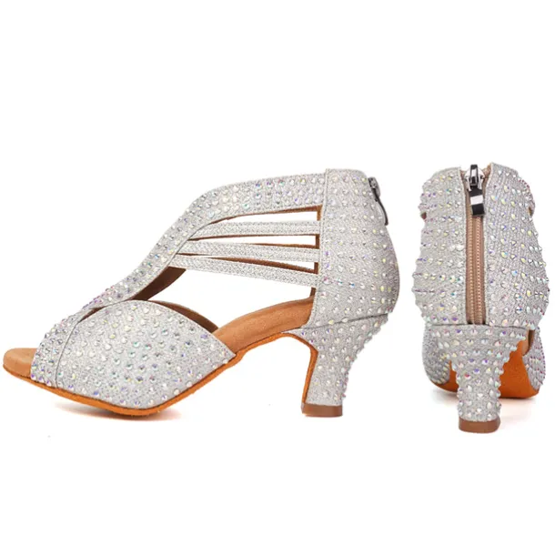 Women's Black Rhinestone Dance Shoes with Open Toe and Strappy Design - Sparkling Dance Heels for Latin, Salsa, and Ballroom Dancing