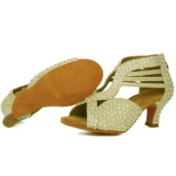 Women's Black Rhinestone Dance Shoes with Open Toe and Strappy Design - Sparkling Dance Heels for Latin, Salsa, and Ballroom Dancing