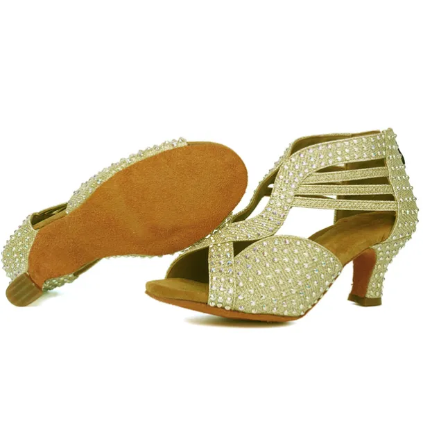 Women's Black Rhinestone Dance Shoes with Open Toe and Strappy Design - Sparkling Dance Heels for Latin, Salsa, and Ballroom Dancing