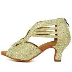 Women's Black Rhinestone Dance Shoes with Open Toe and Strappy Design - Sparkling Dance Heels for Latin, Salsa, and Ballroom Dancing