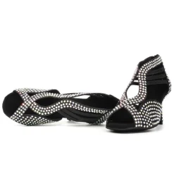 Women's Black Rhinestone Dance Shoes with Open Toe and Strappy Design - Sparkling Dance Heels for Latin, Salsa, and Ballroom Dancing