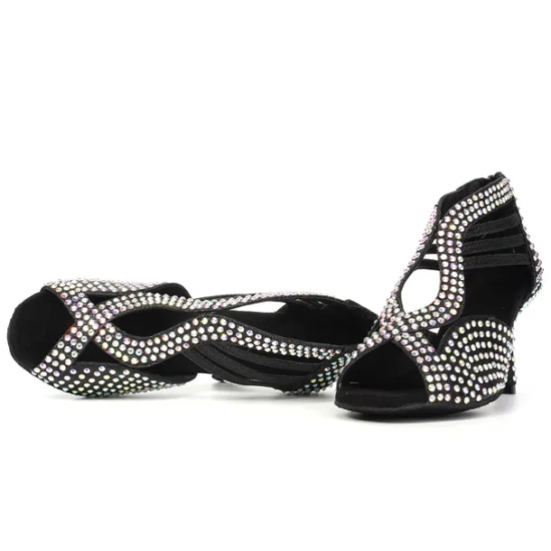 Women's Black Rhinestone Dance Shoes with Open Toe and Strappy Design - Sparkling Dance Heels for Latin, Salsa, and Ballroom Dancing