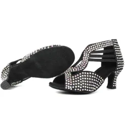 Women's Black Rhinestone Dance Shoes with Open Toe and Strappy Design - Sparkling Dance Heels for Latin, Salsa, and Ballroom Dancing