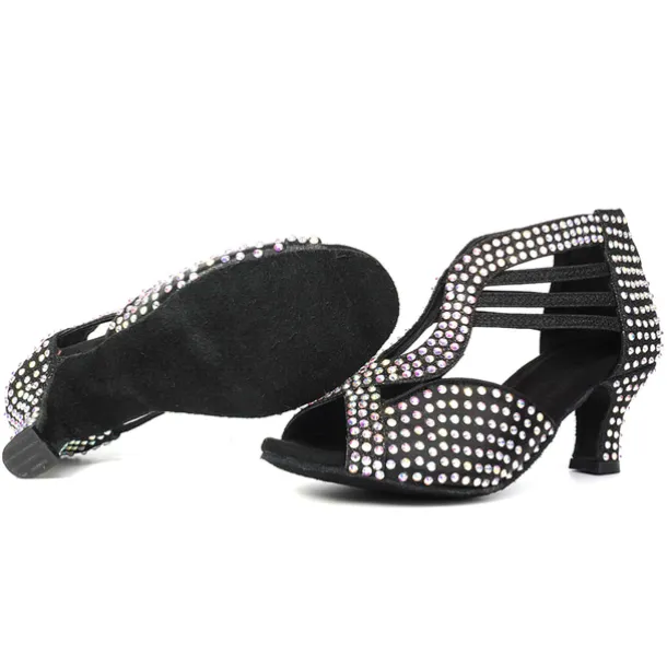 Women's Black Rhinestone Dance Shoes with Open Toe and Strappy Design - Sparkling Dance Heels for Latin, Salsa, and Ballroom Dancing