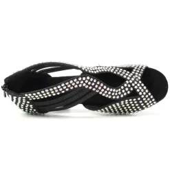 Women's Black Rhinestone Dance Shoes with Open Toe and Strappy Design - Sparkling Dance Heels for Latin, Salsa, and Ballroom Dancing