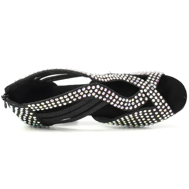 Women's Black Rhinestone Dance Shoes with Open Toe and Strappy Design - Sparkling Dance Heels for Latin, Salsa, and Ballroom Dancing