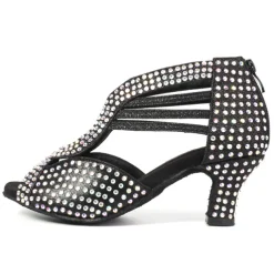 Women's Black Rhinestone Dance Shoes with Open Toe and Strappy Design - Sparkling Dance Heels for Latin, Salsa, and Ballroom Dancing