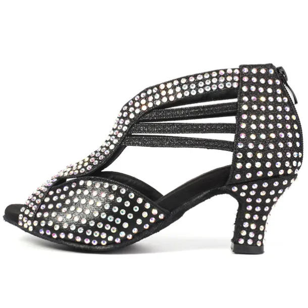 Women's Black Rhinestone Dance Shoes with Open Toe and Strappy Design - Sparkling Dance Heels for Latin, Salsa, and Ballroom Dancing