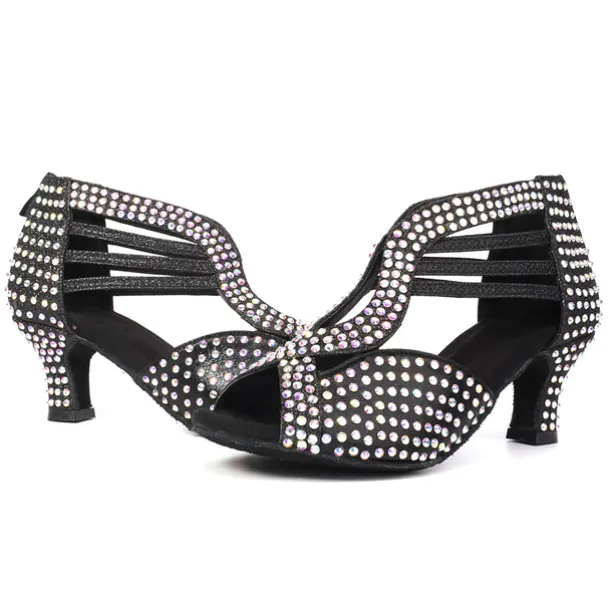 Women's Black Rhinestone Dance Shoes with Open Toe and Strappy Design - Sparkling Dance Heels for Latin, Salsa, and Ballroom Dancing