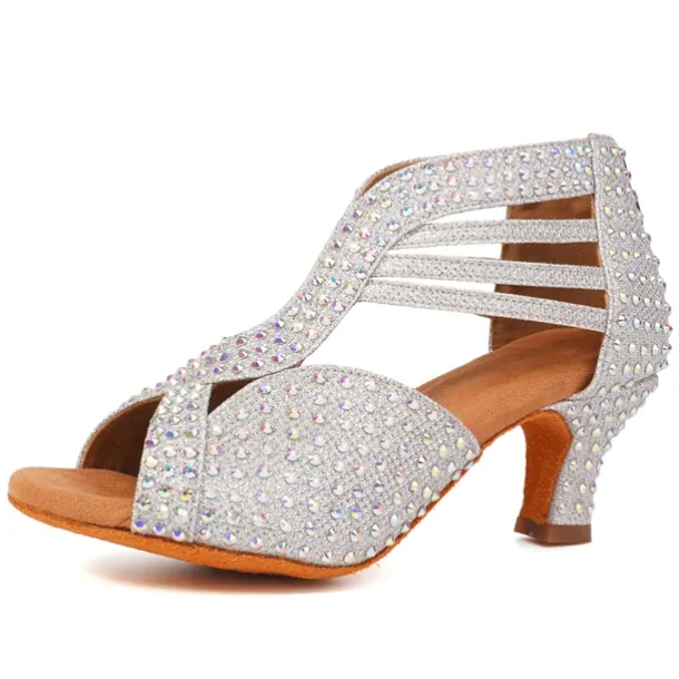 Women's Black Rhinestone Dance Shoes with Open Toe and Strappy Design - Sparkling Dance Heels for Latin, Salsa, and Ballroom Dancing