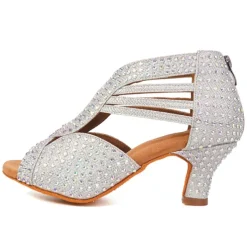 Women's Black Rhinestone Dance Shoes with Open Toe and Strappy Design - Sparkling Dance Heels for Latin, Salsa, and Ballroom Dancing