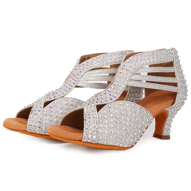 Women's Black Rhinestone Dance Shoes with Open Toe and Strappy Design - Sparkling Dance Heels for Latin, Salsa, and Ballroom Dancing