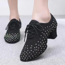 Women's Black Rhinestone Dance Shoes - Sparkling Suede Lace-Up Latin Ballroom Shoes with Comfortable Heel and Non-Slip Sole