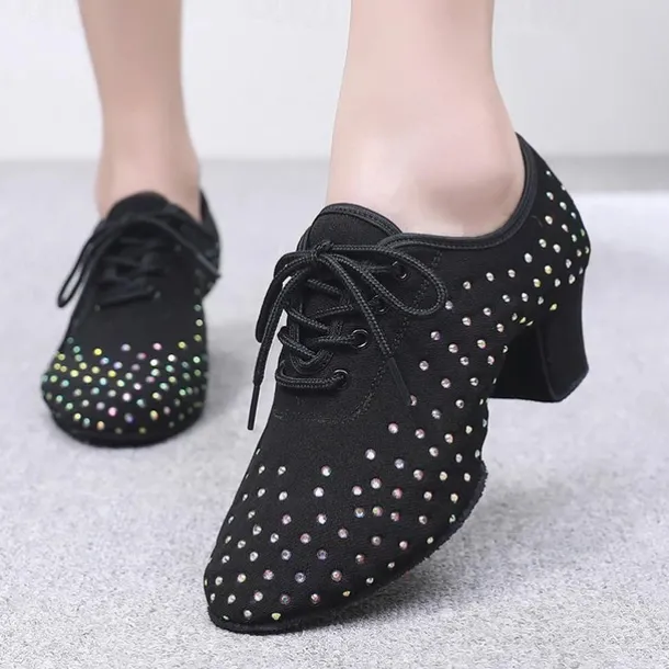 Women's Black Rhinestone Dance Shoes - Sparkling Suede Lace-Up Latin Ballroom Shoes with Comfortable Heel and Non-Slip Sole