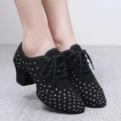 Women's Black Rhinestone Dance Shoes - Sparkling Suede Lace-Up Latin Ballroom Shoes with Comfortable Heel and Non-Slip Sole